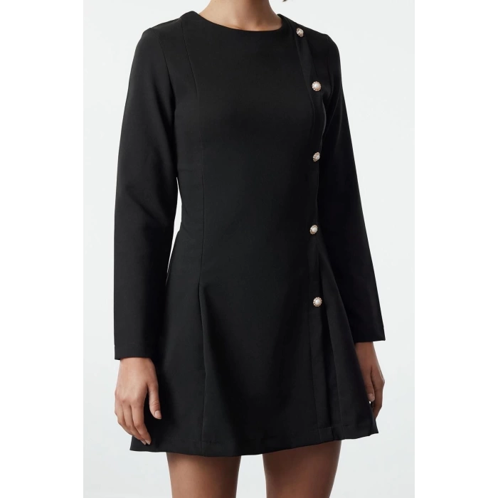 Kadın Moda Şık Mini Boy Bisiklet Yaka Regular Fitted Vücuda Oturan Düğme Detaylı Dokuma Elbise