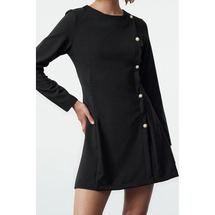 Kadın Moda Şık Mini Boy Bisiklet Yaka Regular Fitted Vücuda Oturan Düğme Detaylı Dokuma Elbise