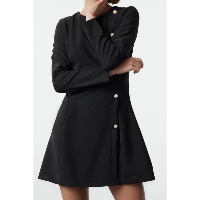 Kadın Moda Şık Mini Boy Bisiklet Yaka Regular Fitted Vücuda Oturan Düğme Detaylı Dokuma Elbise