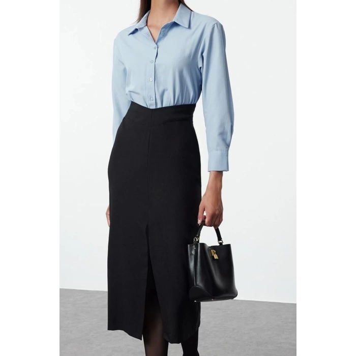 Women Fashion Stylish Midi Length Shirt Collar Regular Fitted Body-Smooth Shirt Detailed Woven Dress
