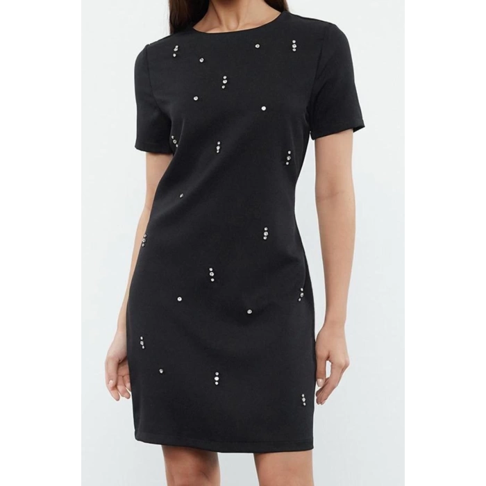 Women Fashion Stylish Mini Length Crew Neck Regular Shift Plain Pattern Stone Embroidered Woven Dress