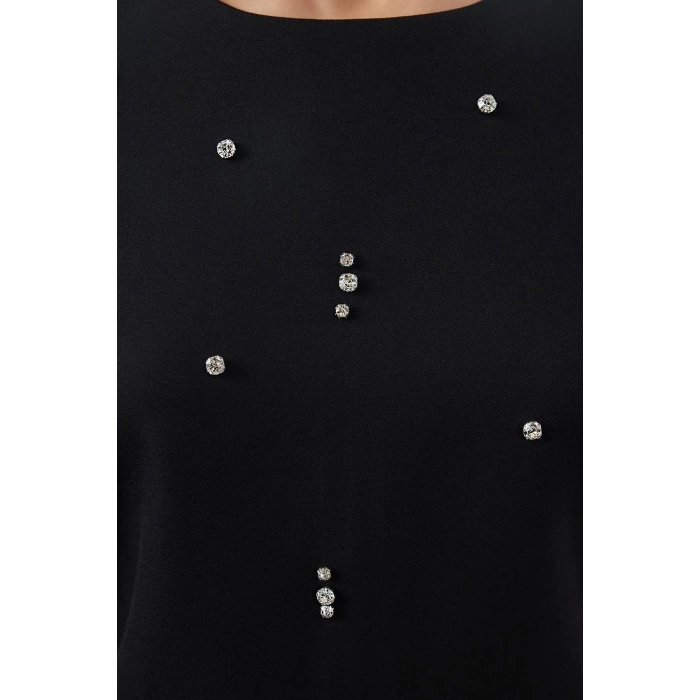 Women Fashion Stylish Mini Length Crew Neck Regular Shift Plain Pattern Stone Embroidered Woven Dress