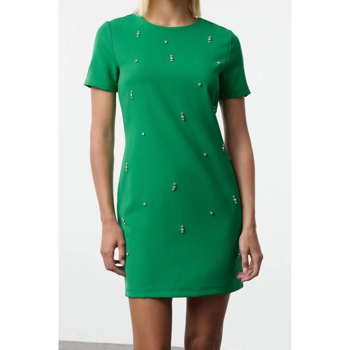 Women Fashion Stylish Mini Length Crew Neck Regular Shift Plain Pattern Stone Embroidered Woven Dress