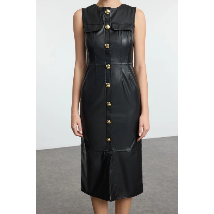 Womens Fashion Midi Length Crew Neck Relaxed Fitted Faux Leather Button Detailed Woven Dress