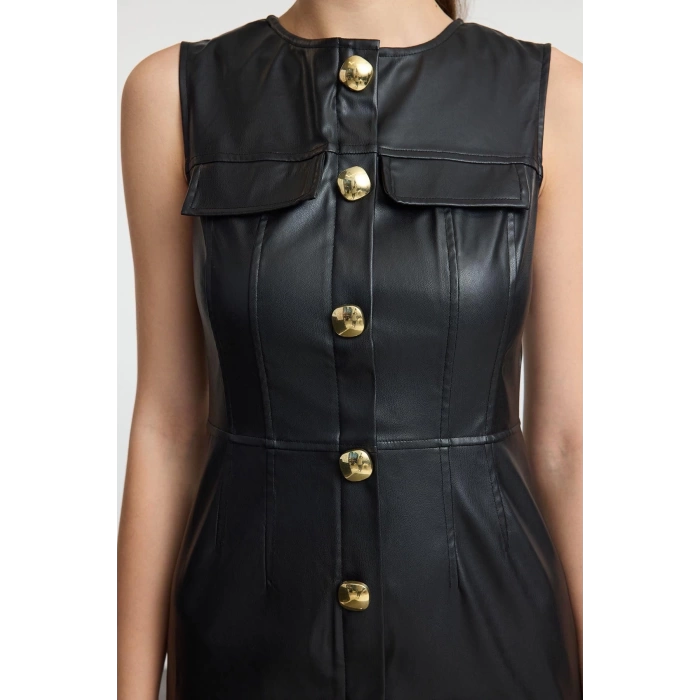 Womens Fashion Midi Length Crew Neck Relaxed Fitted Faux Leather Button Detailed Woven Dress