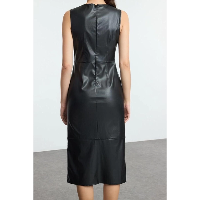 Womens Fashion Midi Length Crew Neck Relaxed Fitted Faux Leather Button Detailed Woven Dress