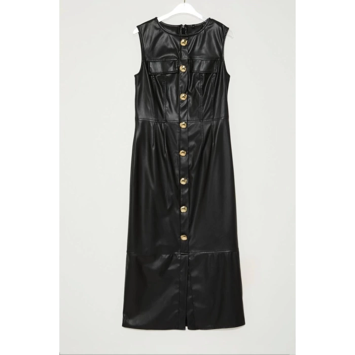 Womens Fashion Midi Length Crew Neck Relaxed Fitted Faux Leather Button Detailed Woven Dress
