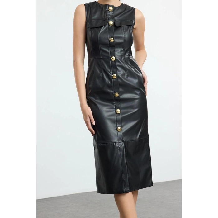Womens Fashion Midi Length Crew Neck Relaxed Fitted Faux Leather Button Detailed Woven Dress