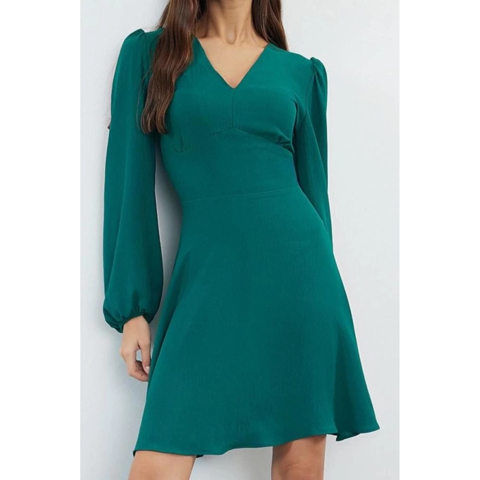 Womens Fashion Stylish Mini Length V Neck Regular A Cut Balloon Sleeve Detailed Woven Dress