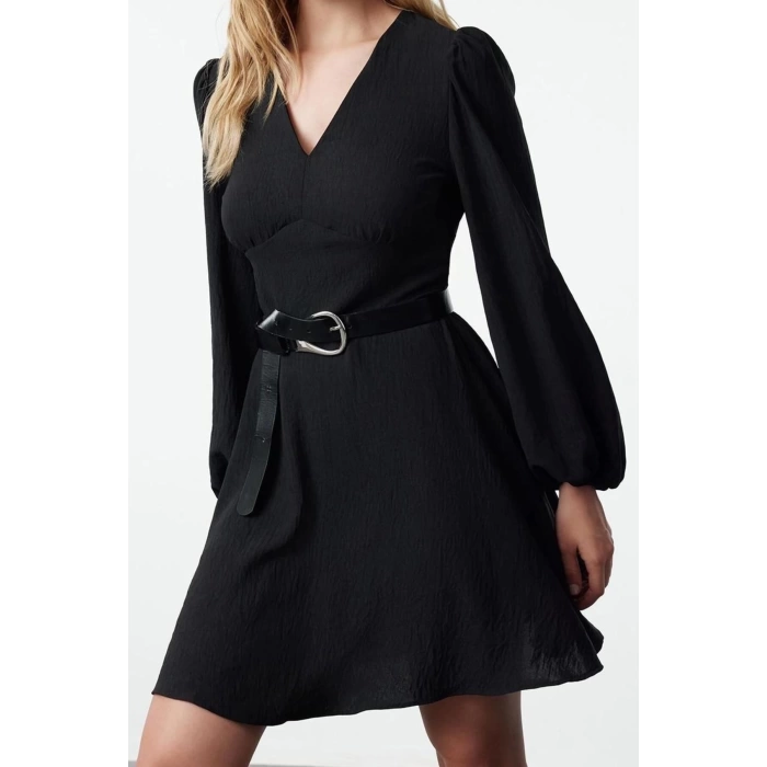 Womens Fashion Stylish Mini Length V Neck Regular A Cut Balloon Sleeve Detailed Woven Dress