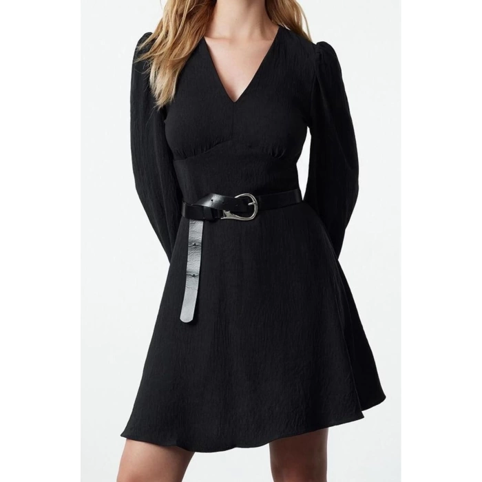 Womens Fashion Stylish Mini Length V Neck Regular A Cut Balloon Sleeve Detailed Woven Dress