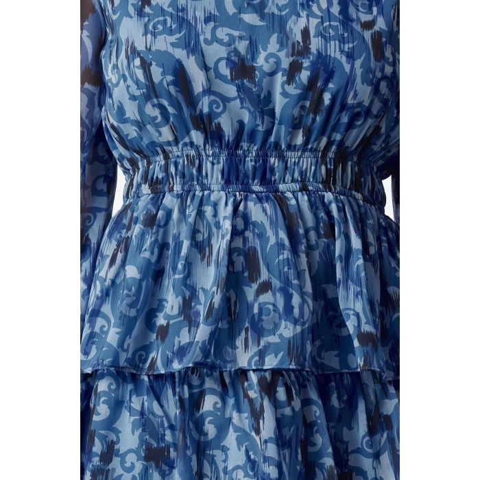 Womens Mini V Neck Ethnic Pattern Skater Waist Opening Skirt Flounce Chiffon Lined Woven Dress