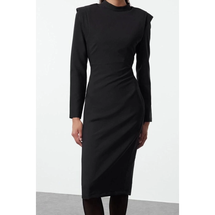 Women Fashion Stylish Midi Length Stand Collar Regular Padded Shoulder Detailed Fitted Body-Sit Woven Dress