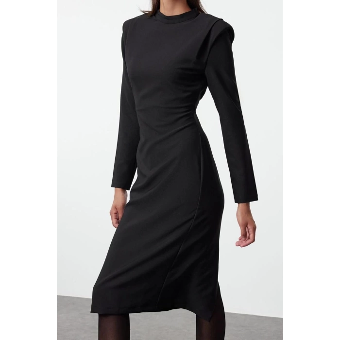Women Fashion Stylish Midi Length Stand Collar Regular Padded Shoulder Detailed Fitted Body-Sit Woven Dress