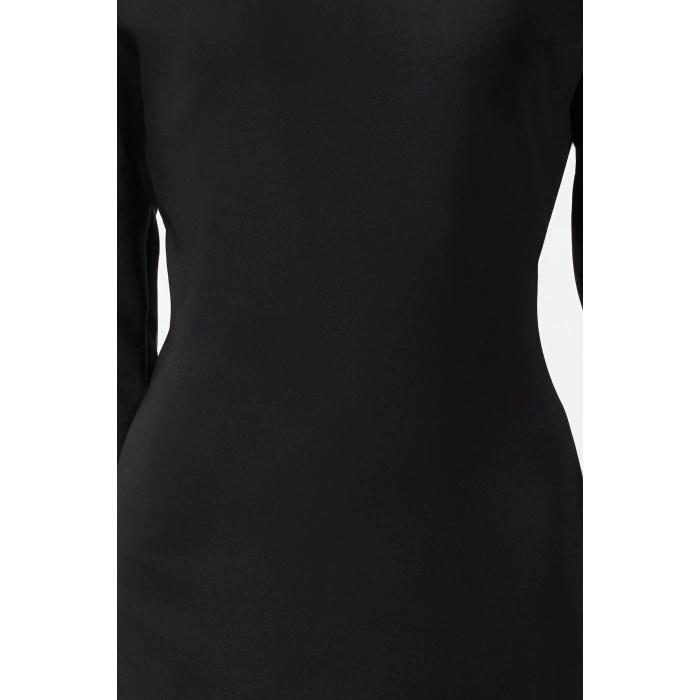 Women Fashion Stylish Midi Length Stand Collar Regular Padded Shoulder Detailed Fitted Body-Sit Woven Dress