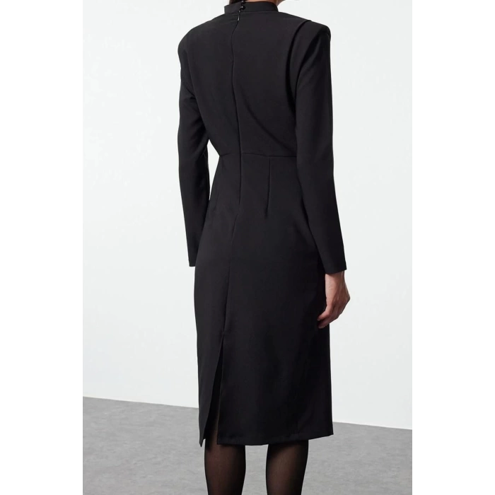 Women Fashion Stylish Midi Length Stand Collar Regular Padded Shoulder Detailed Fitted Body-Sit Woven Dress