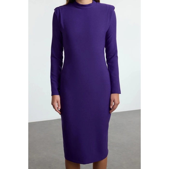 Women Fashion Stylish Midi Length Stand Collar Regular Padded Shoulder Detailed Fitted Body-Sit Woven Dress