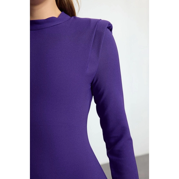 Women Fashion Stylish Midi Length Stand Collar Regular Padded Shoulder Detailed Fitted Body-Sit Woven Dress