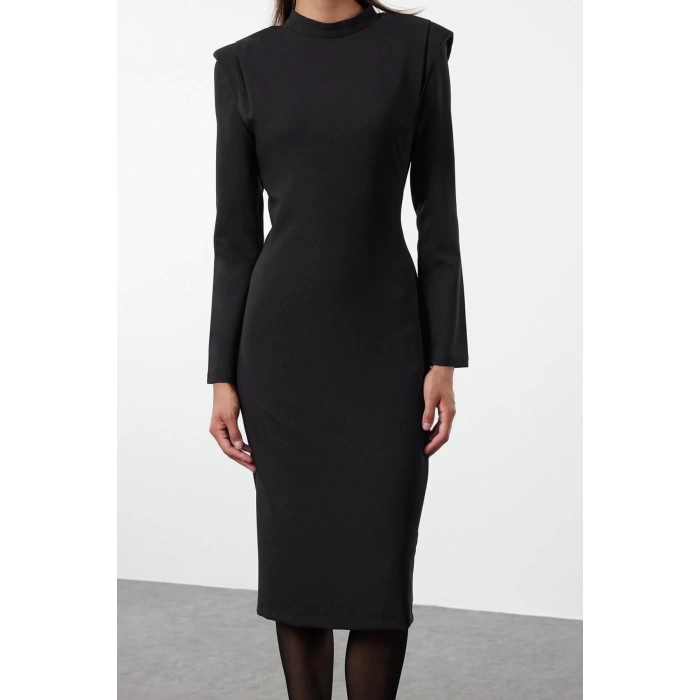 Women Fashion Stylish Midi Length Stand Collar Regular Padded Shoulder Detailed Fitted Body-Sit Woven Dress