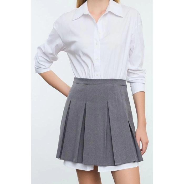 Womens Mini Length Shirt Collar Regular Pleated Skirt Detailed Skater Waist Open Woven Shirt Dress