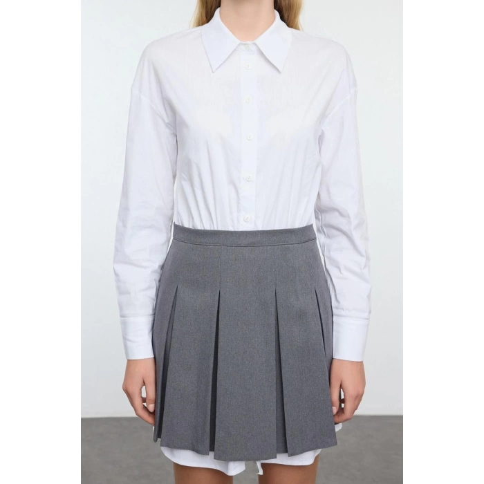 Womens Mini Length Shirt Collar Regular Pleated Skirt Detailed Skater Waist Open Woven Shirt Dress