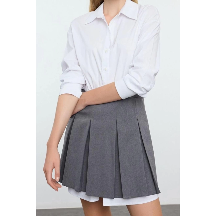 Womens Mini Length Shirt Collar Regular Pleated Skirt Detailed Skater Waist Open Woven Shirt Dress