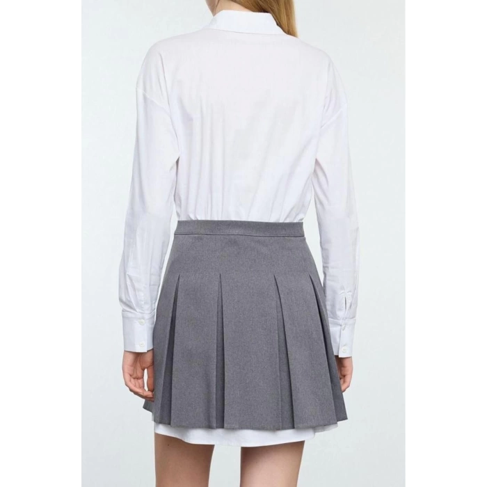 Womens Mini Length Shirt Collar Regular Pleated Skirt Detailed Skater Waist Open Woven Shirt Dress