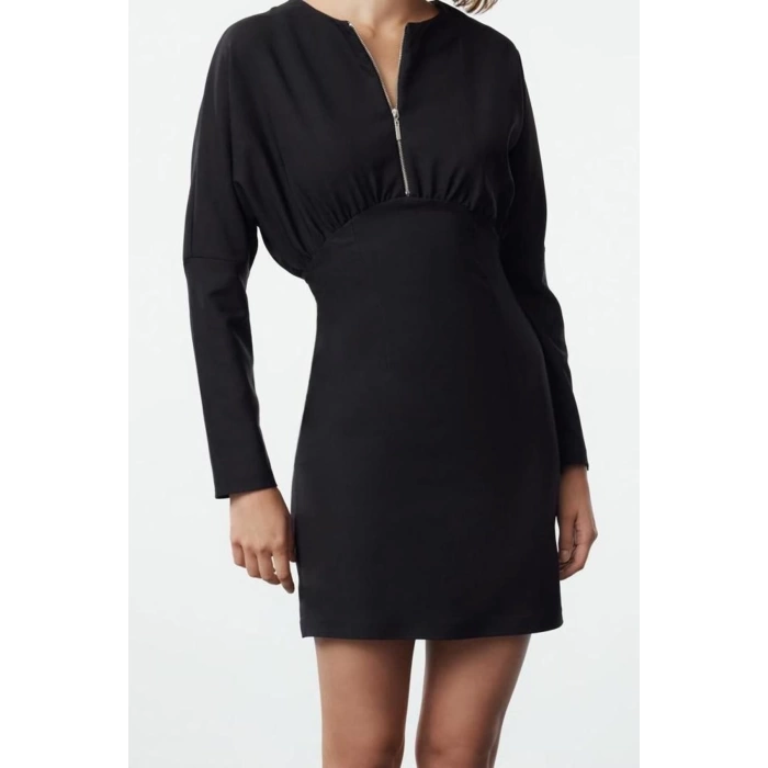 Women Fashion Stylish Mini Length Crew Neck Fitted Body-Smoothing Zipper Detailed Woven Dress