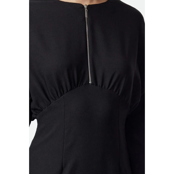 Women Fashion Stylish Mini Length Crew Neck Fitted Body-Smoothing Zipper Detailed Woven Dress