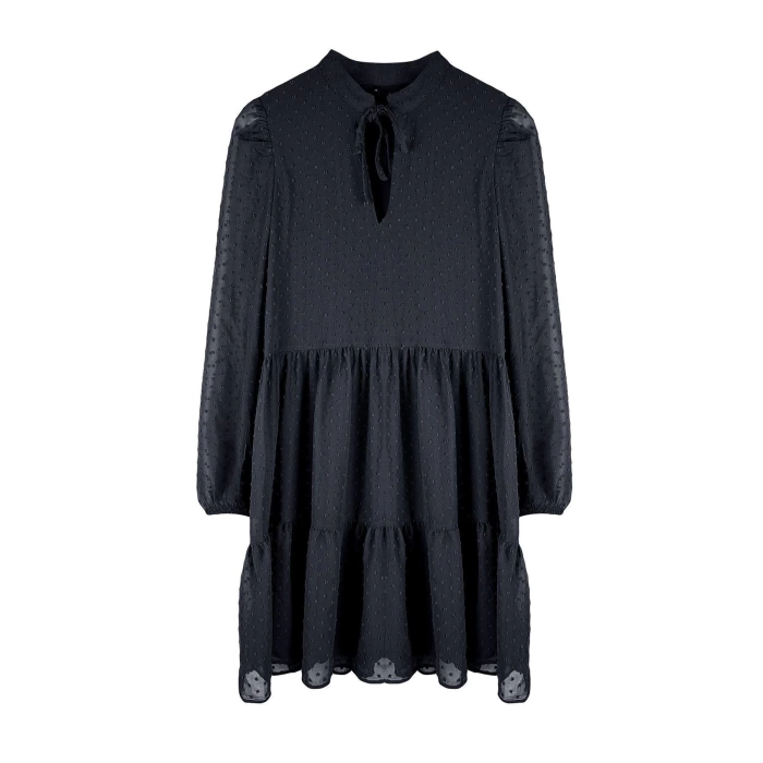 Women Fashion Stylish Mini Length Stand Collar Regular Plain Wide Cut Polka Dot Chiffon Fabric Woven Winter Dress