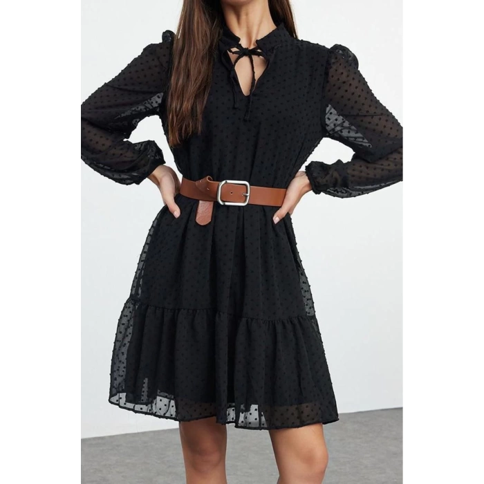 Women Fashion Stylish Mini Length Stand Collar Regular Plain Wide Cut Polka Dot Chiffon Fabric Woven Winter Dress