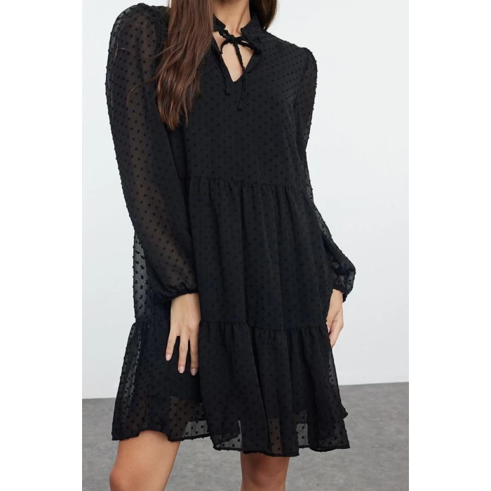 Women Fashion Stylish Mini Length Stand Collar Regular Plain Wide Cut Polka Dot Chiffon Fabric Woven Winter Dress
