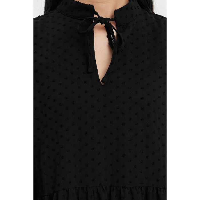 Women Fashion Stylish Mini Length Stand Collar Regular Plain Wide Cut Polka Dot Chiffon Fabric Woven Winter Dress