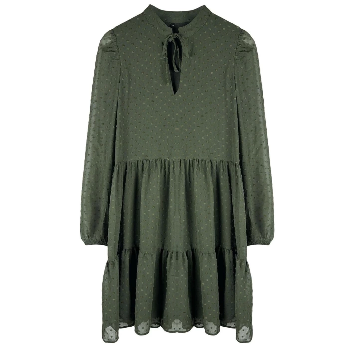 Women Fashion Stylish Mini Length Stand Collar Regular Plain Wide Cut Polka Dot Chiffon Fabric Woven Winter Dress