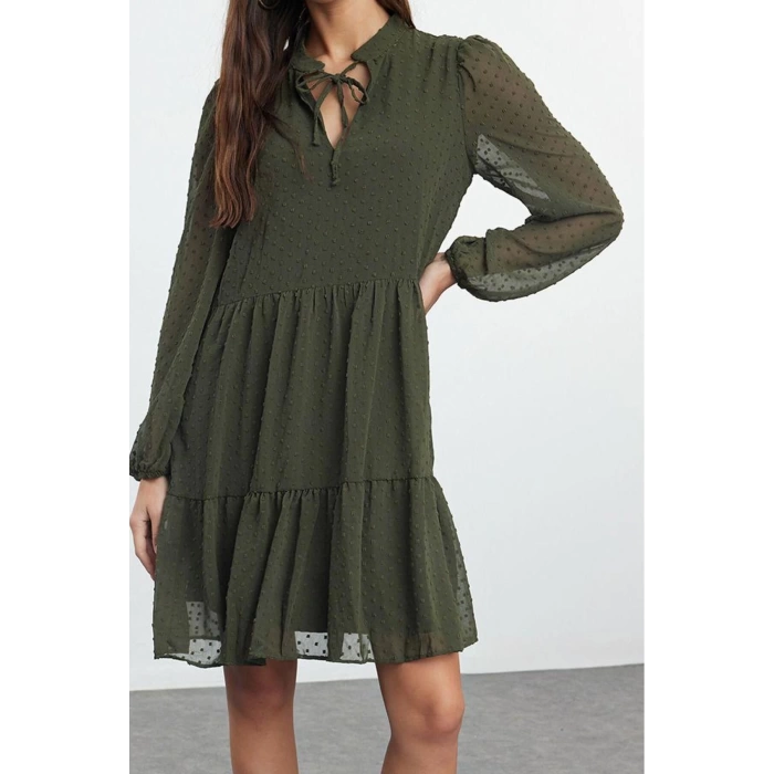 Women Fashion Stylish Mini Length Stand Collar Regular Plain Wide Cut Polka Dot Chiffon Fabric Woven Winter Dress