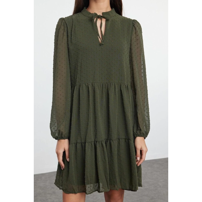 Women Fashion Stylish Mini Length Stand Collar Regular Plain Wide Cut Polka Dot Chiffon Fabric Woven Winter Dress