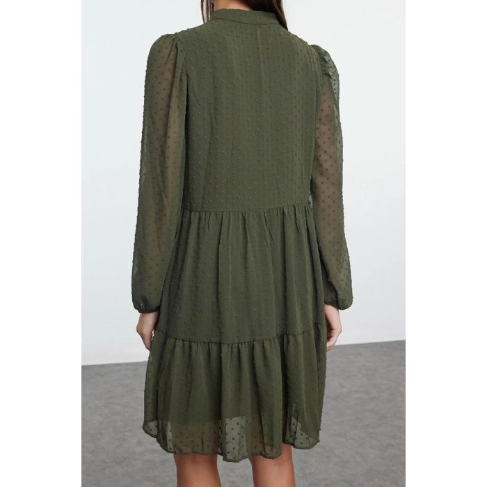 Women Fashion Stylish Mini Length Stand Collar Regular Plain Wide Cut Polka Dot Chiffon Fabric Woven Winter Dress