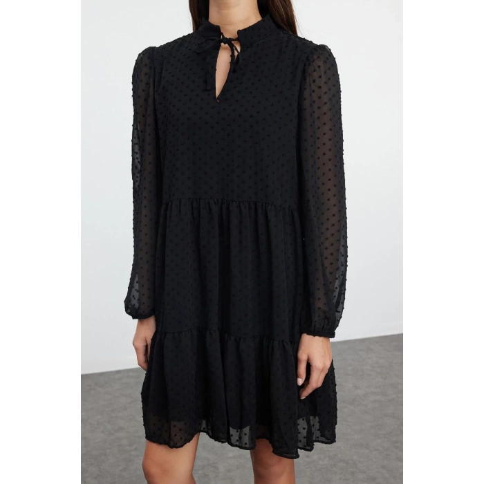 Women Fashion Stylish Mini Length Stand Collar Regular Plain Wide Cut Polka Dot Chiffon Fabric Woven Winter Dress