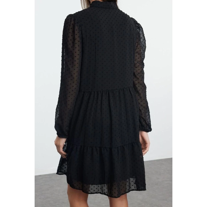 Women Fashion Stylish Mini Length Stand Collar Regular Plain Wide Cut Polka Dot Chiffon Fabric Woven Winter Dress
