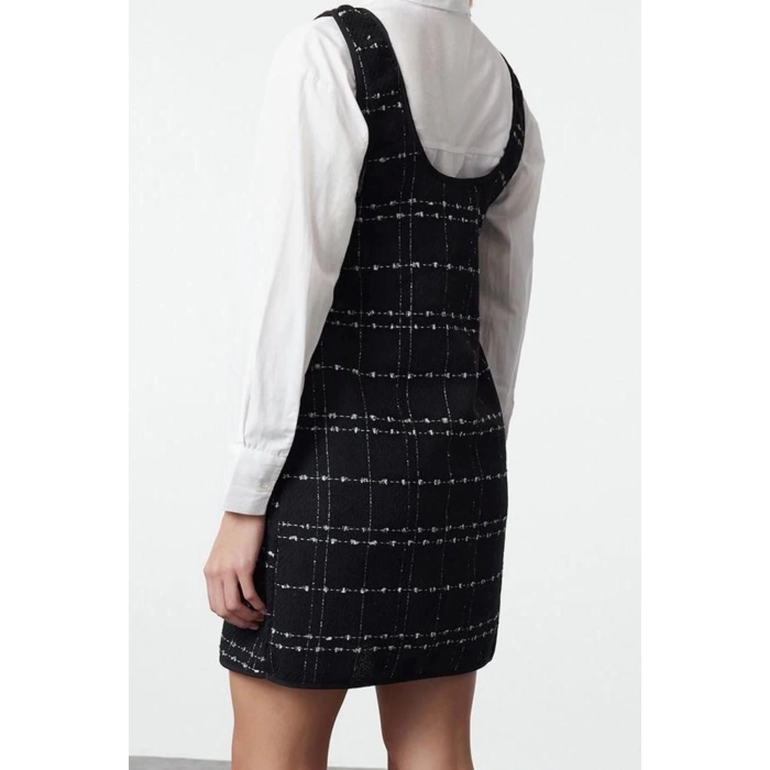 Women Fashion Stylish Mini Length U Neck Regular Plaid Checked Tweed Vest Woven Dress