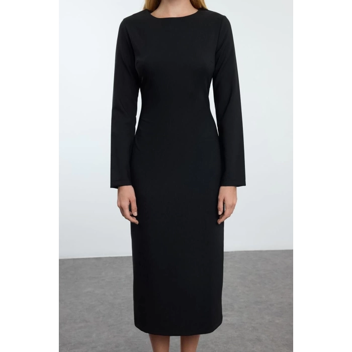 Women Fashion Stylish Midi Length Crew Neck Regular Bodycon Woven Dress