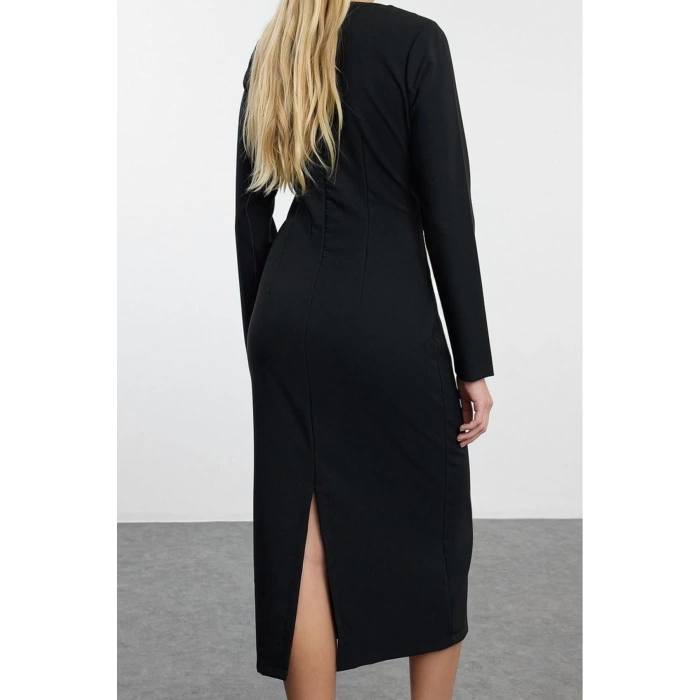 Women Fashion Stylish Midi Length Crew Neck Regular Bodycon Woven Dress