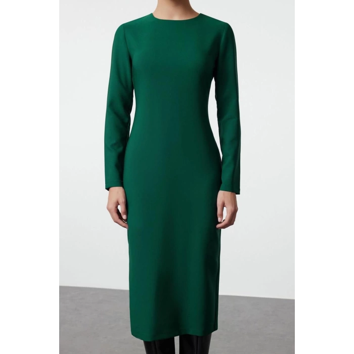 Women Fashion Stylish Midi Length Crew Neck Regular Bodycon Woven Dress