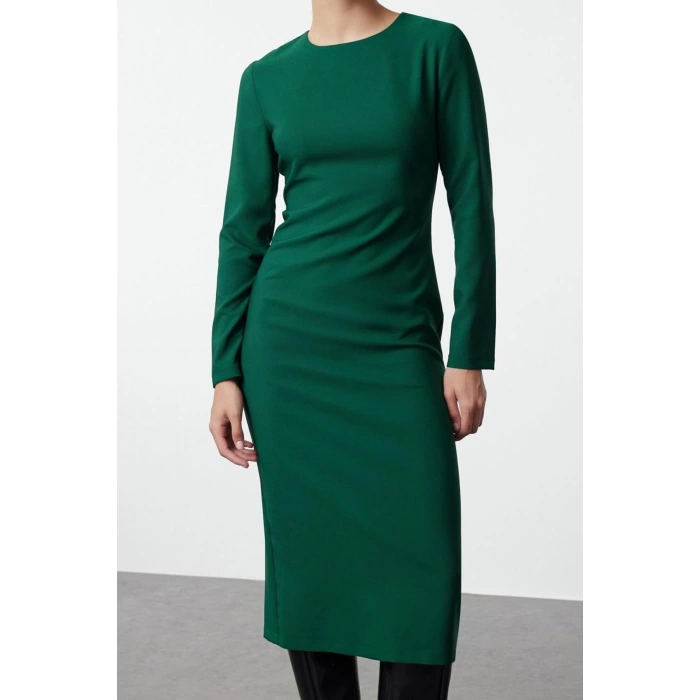 Women Fashion Stylish Midi Length Crew Neck Regular Bodycon Woven Dress