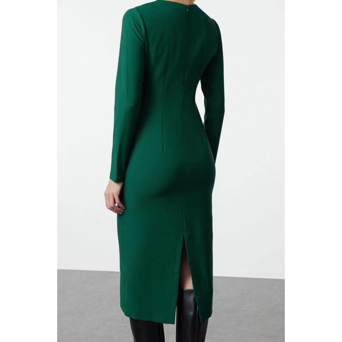 Women Fashion Stylish Midi Length Crew Neck Regular Bodycon Woven Dress