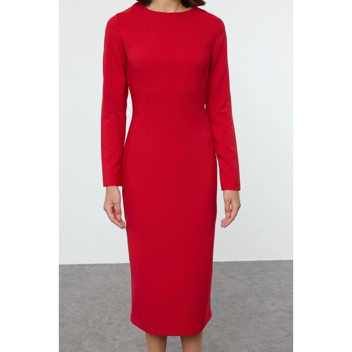 Women Fashion Stylish Midi Length Crew Neck Regular Bodycon Woven Dress