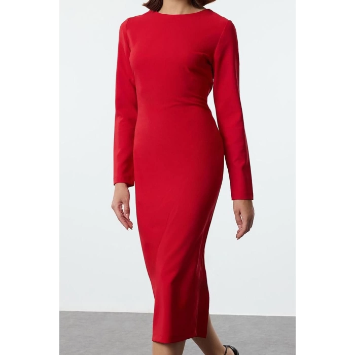Women Fashion Stylish Midi Length Crew Neck Regular Bodycon Woven Dress