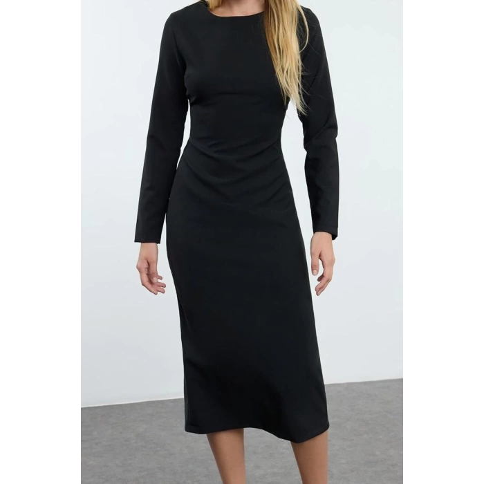 Women Fashion Stylish Midi Length Crew Neck Regular Bodycon Woven Dress