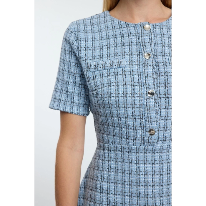 Womens Fashion Stylish Mini Length Crew Neck Regular Skirt Waist Opening Tweed Woven Dress