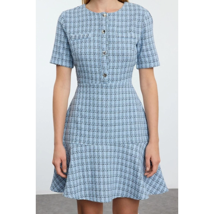 Womens Fashion Stylish Mini Length Crew Neck Regular Skirt Waist Opening Tweed Woven Dress